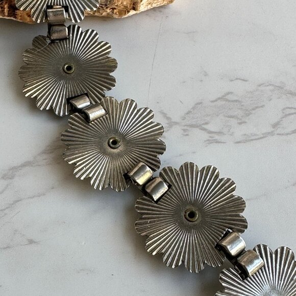 Vintage Floral Silvertone Bracelet With Turquoise Colored Stones 7" - Picture 9 of 11